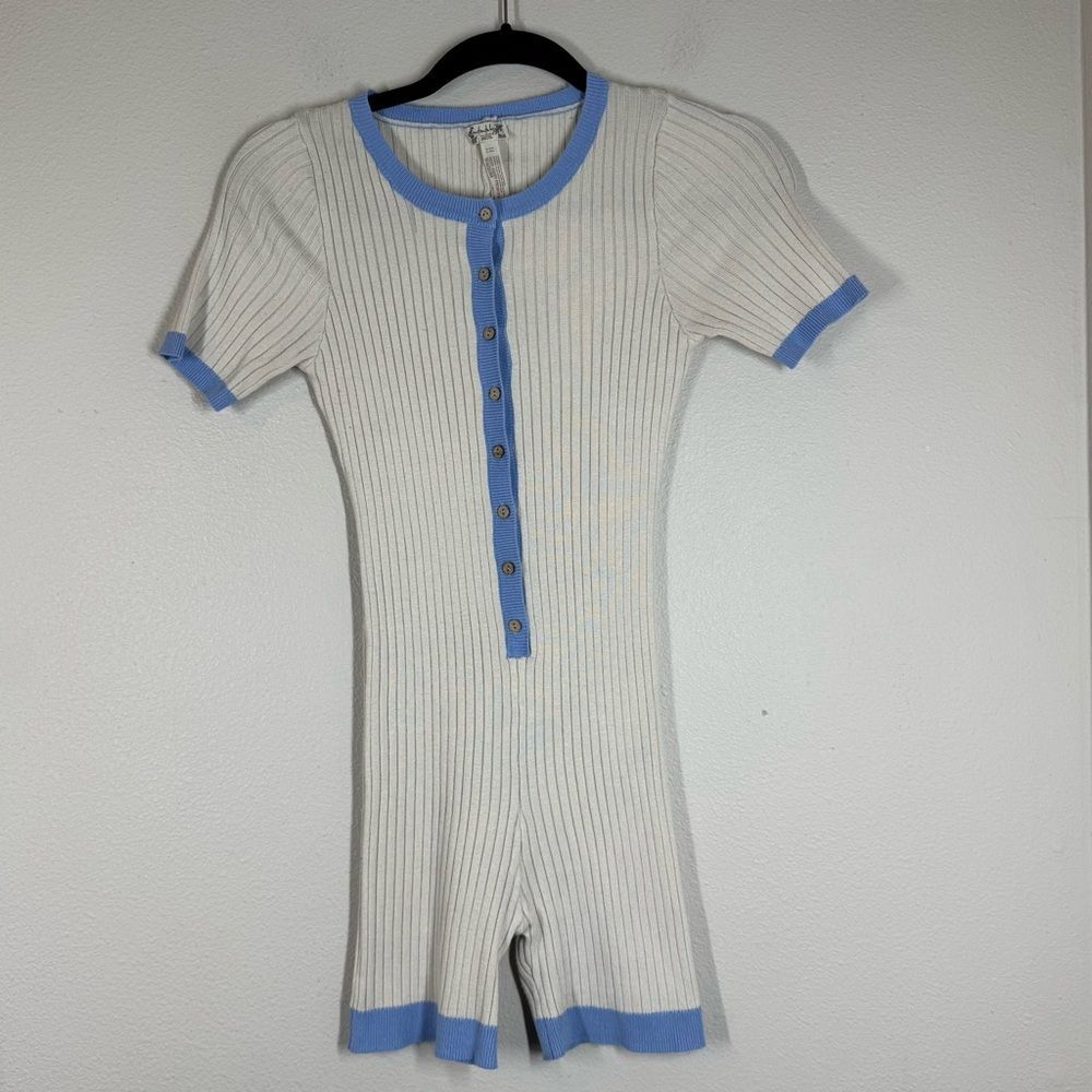 Free People Tennis Time Ribbed Romper Ivory Blue Combo Onesie Playsuit Small